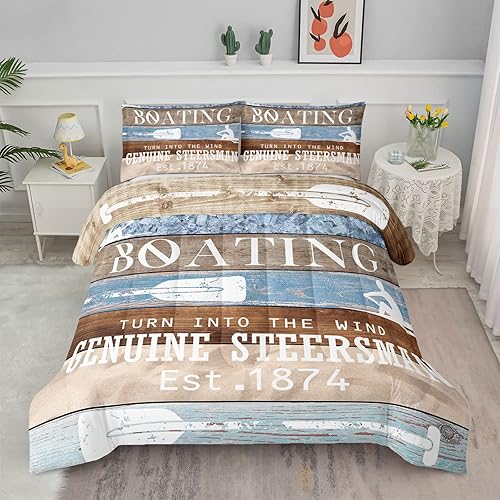 Axolotl Juego de edredón con diseño de "Go Boating", ropa de cama náutica a rayas azules y marrones, para niños, adolescentes y adultos, para