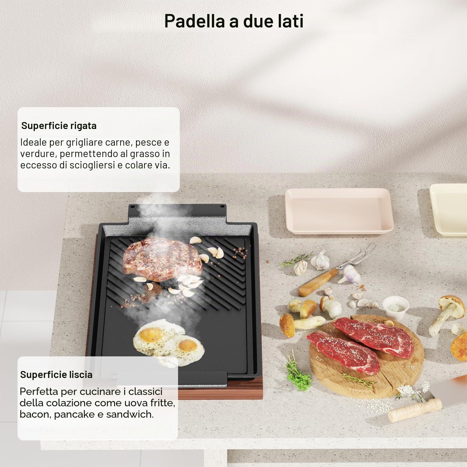 Piastra di cottura 38x21 cm con maniglie laterali e foro per appendere, plancha liscia con rivestimento in ghisa antiaderente per tutti i tipi di piani cottura, compresi induzione e forno