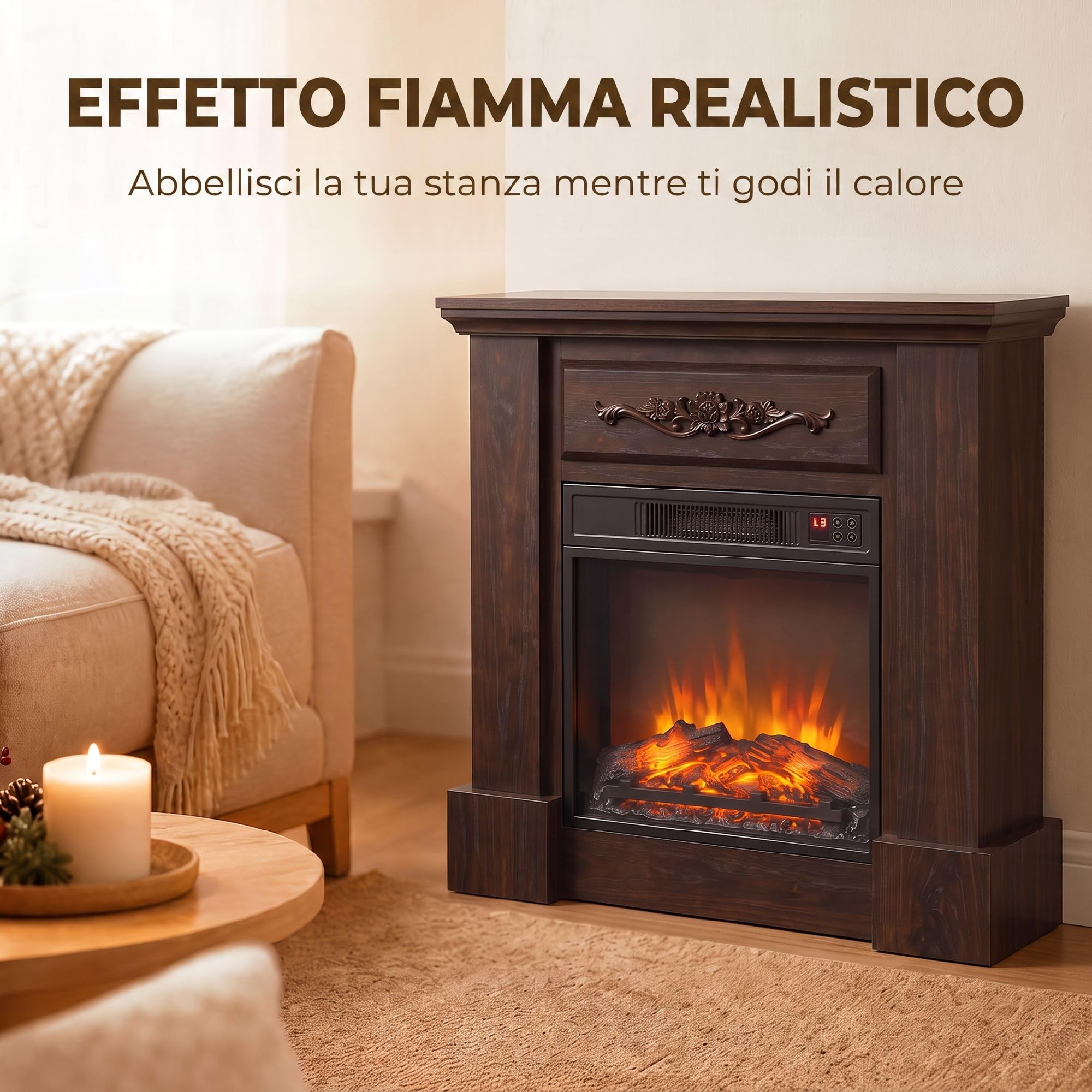 HOMCOM Camino Elettrico Cornice Effetto Fiamma Realistico 1800W Marrone | Caminetto Elettrico da Incasso e Terra, Stufa con Telecomando, Termostato, Timer, Riscaldamento Regolabile, Soggiorno