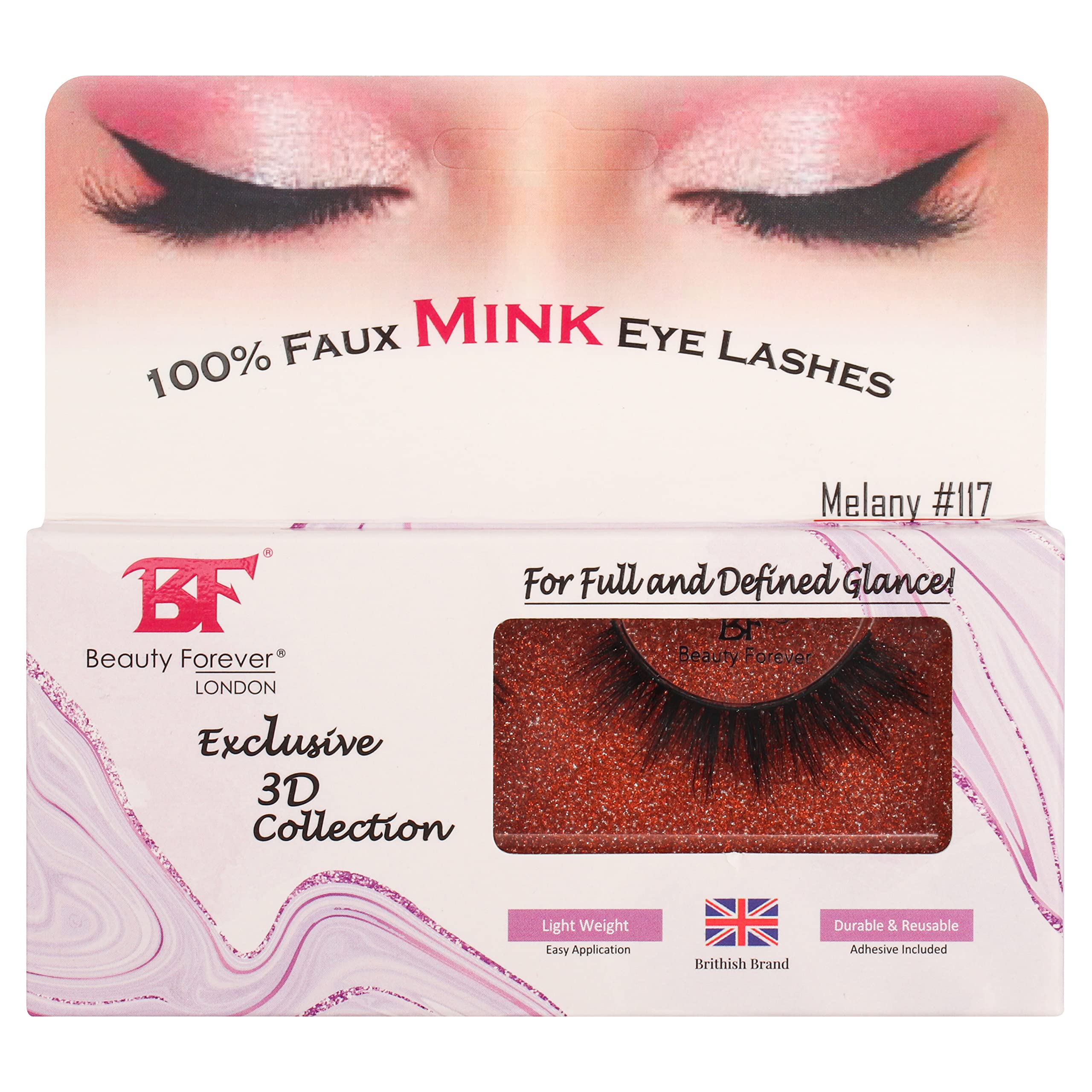 Beauty Forever Faux Mink 3D Eyelashes – For Full and Defined Glance, Fluffy, Handmade & Reusable, With Latex Free Glue, Melany No. 117