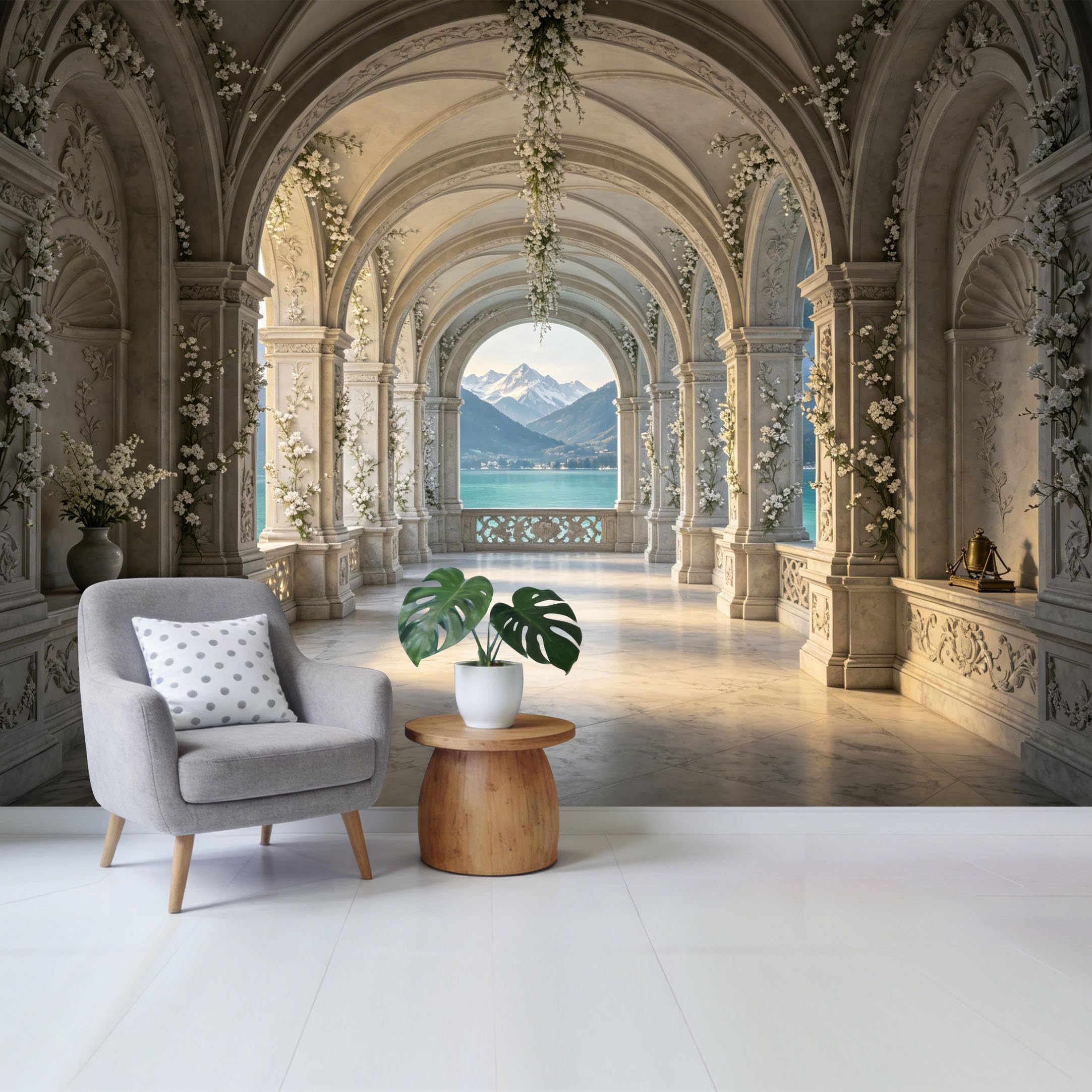 Removable Self Adhesive Fabric Mural， Neoclassical Architectural Lake Mountain View Custom Size Wall Covering， UV Protected Waterproof Washable Wall Decor for Living Room Bedroom Bathroom