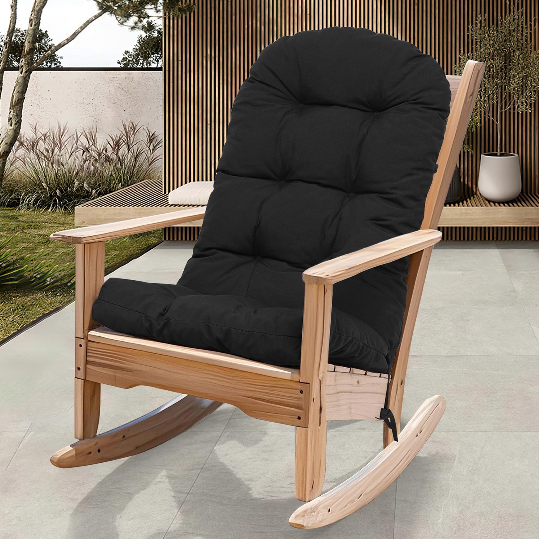 RACE LEAF Black Rocking Chair Cushion 44x19 Inch, Water Resistant Tufted Outdoor Cushion with Elastic Straps Non-Slip Ties Stain Proof Patio Furniture Seat Back Cushion 1-Pack