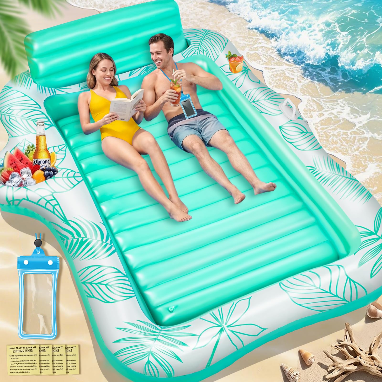 Charmofun Luftmatratze Tanning Pool Groß, 230 * 180 cm Doppelte Deluxe Aufblasbarer Sonnenpool mit Kopfstütze Eisbar wasserdichte Handytasche, Luftmatratze Pool für Erwachsene Strand Sommerspaß