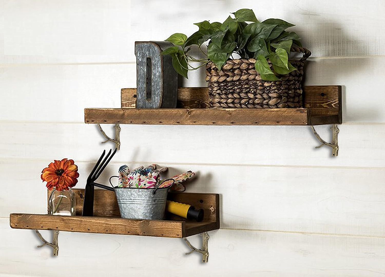 NACH Rustic Branch Gold Shelf Brackets 6 inch, Decorative Shelf Brackets for Wood Shelves, Shelving Brackets, Wall Shelf Brackets, Gold Metal Shelf Brackets, 2 Floating Shelf Brackets, JS-90-078GS