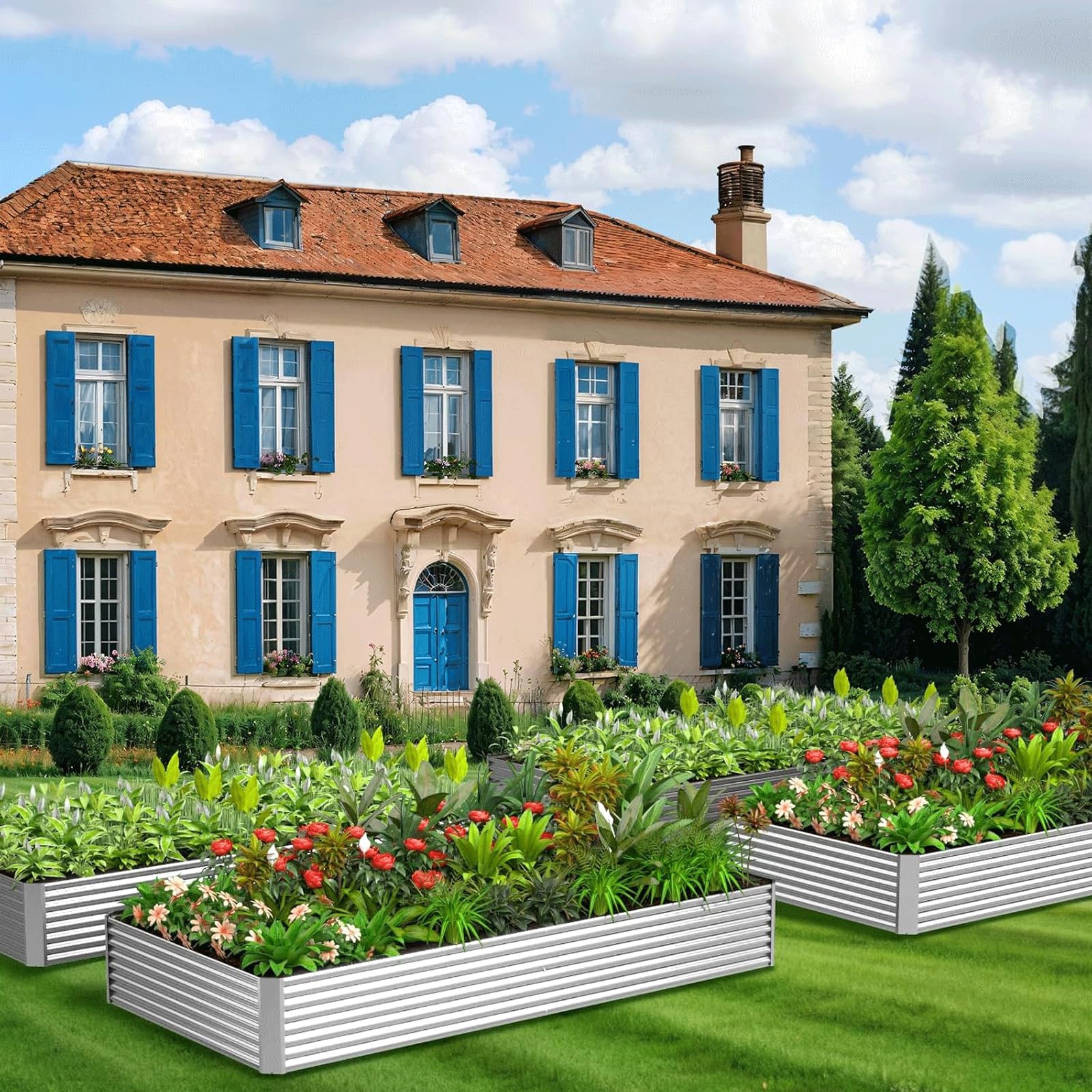 Pflanzkübel 3er-Set 120 x 60 cm verzinktes Hochbeet für den Außenbereich, Metall-Hochbeet für Gemüse, Stahl-Hochbeete für den Garten, oberirdisches Gartenbeet für Blumen-Rechteck