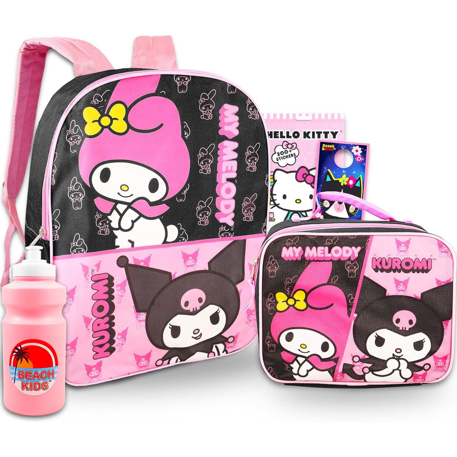 SANRIO My Melody and Kuromi Backpack & Lunch Box Set - 16' Backpack, Lunch Bag, Water Bottle, Stickers