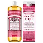 Dr. Bronner\'s Pure-Castile Magic Soap Liquid- Made with Regenerative Organic Certified Oils- For Body, Face, Hair, Dishes, Laundry, Vegan Bath Soaps for Men & Women, Non-GMO - Rose, 32oz + Refill