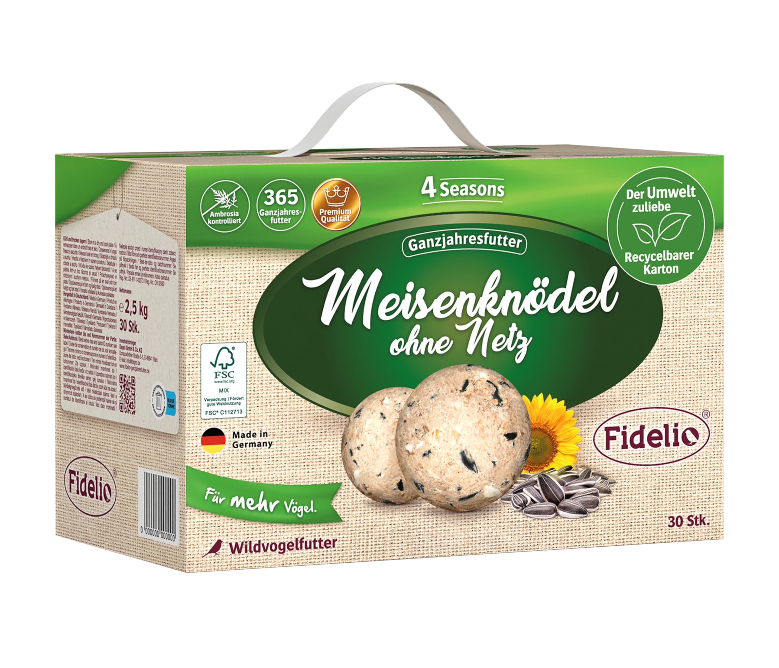 Fidelio Meisenknödel ohne Netz, ganzjähriges Wildvogelfutter proteinreich/energiereich, hochwertiges Vogelfutter für Wildvögel, 30 Stück im Karton aus FSC-zertifizierter Produktion, 2.5 kg