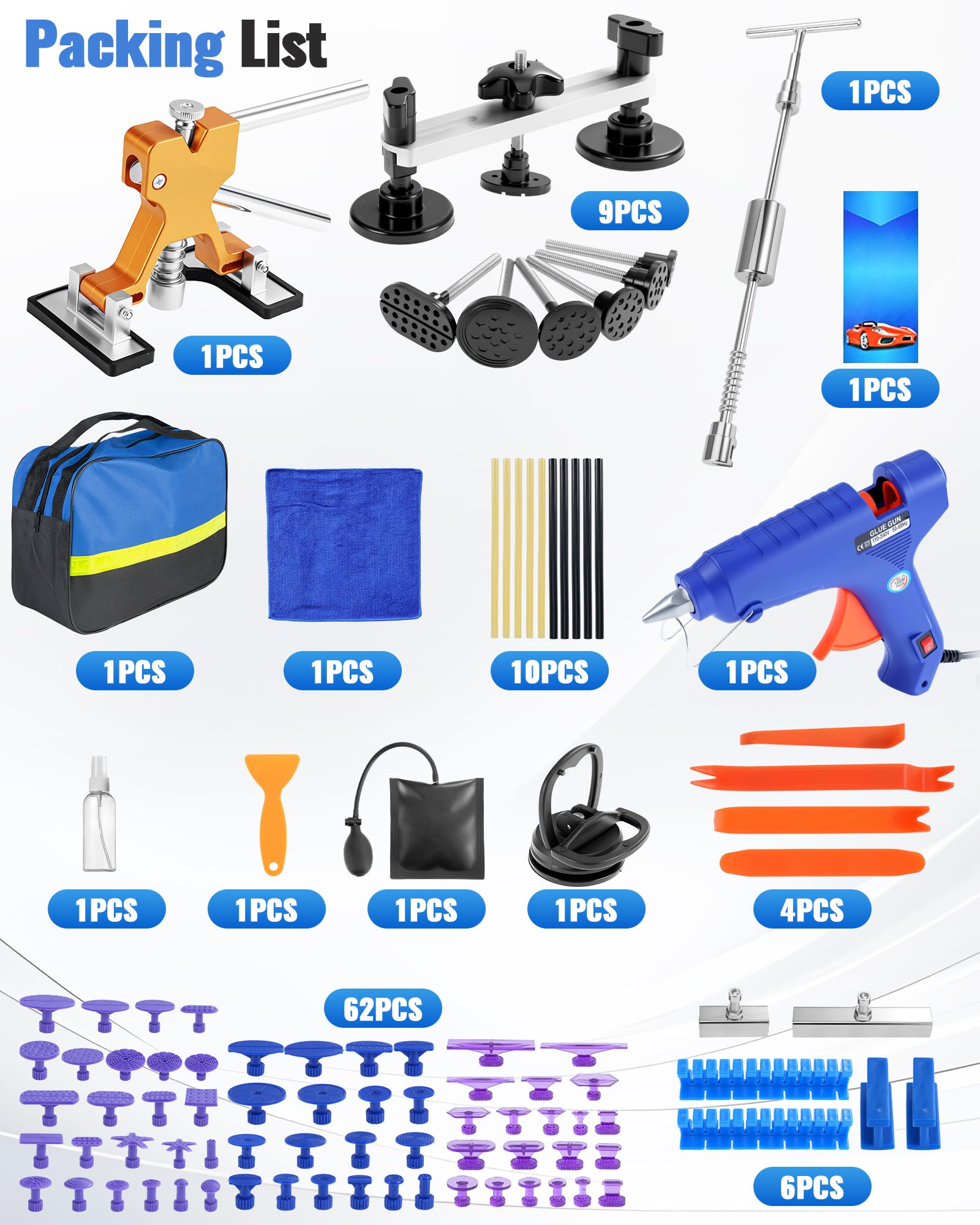 Dellen Reparaturset Auto Set, PDR Ausbeulwerkzeug Karosserie mit Dellenzieher, Gleithammer, Dellenlifter,Brückenabzieher & 100W Heißklebepistole für Karosserie, Hagelschaden & Beulenentfernung