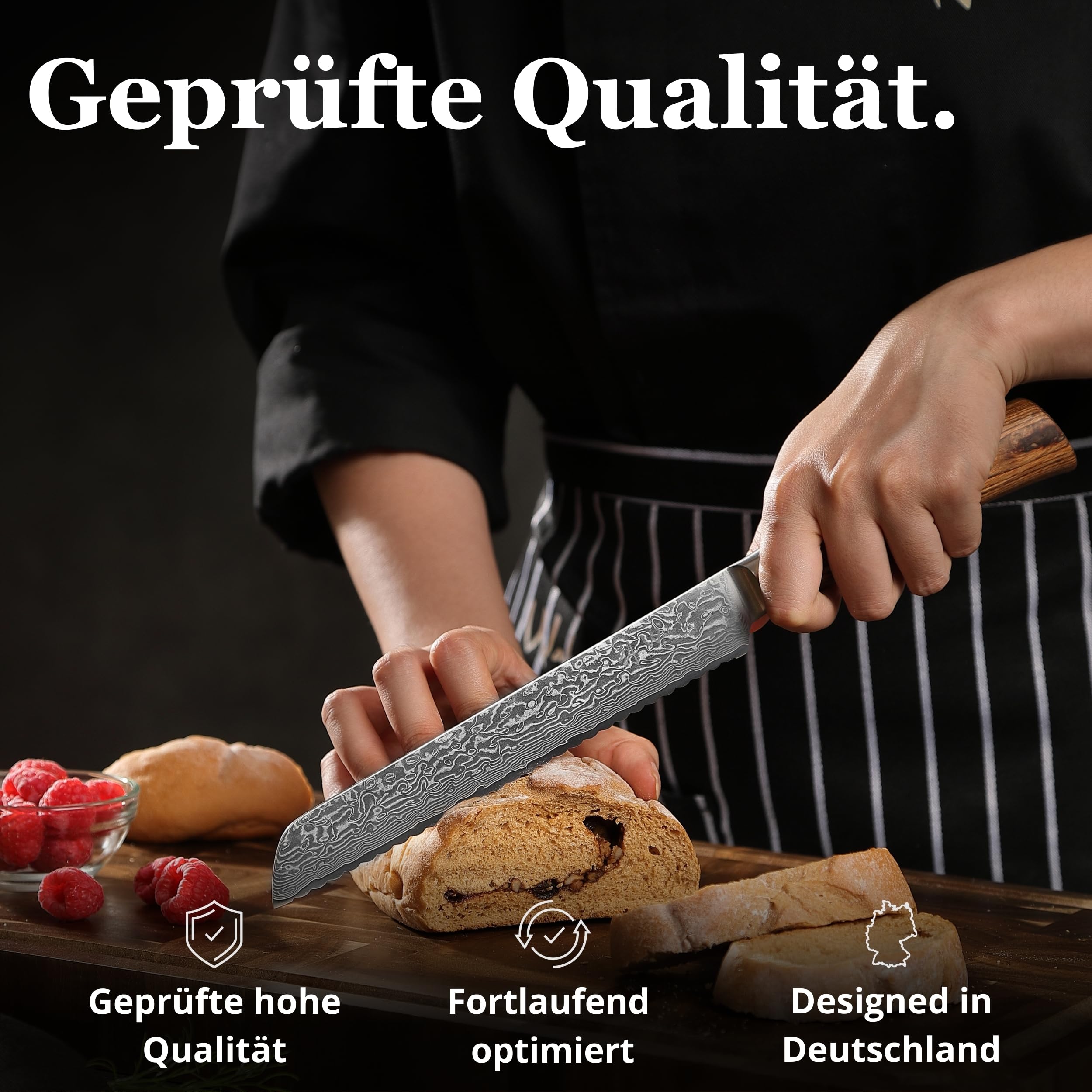 Wakoli EDIB Pro Brotmesser, 20 cm Klinge aus Damaststahl mit VG10 Kern | Wellenschliff für Brot, Brötchen, Baguette und Kuchen; 67 Lagen, 60 ± 2 HRC, 34 cm Gesamtlänge, Pakkaholzgriff, Geschenkbox