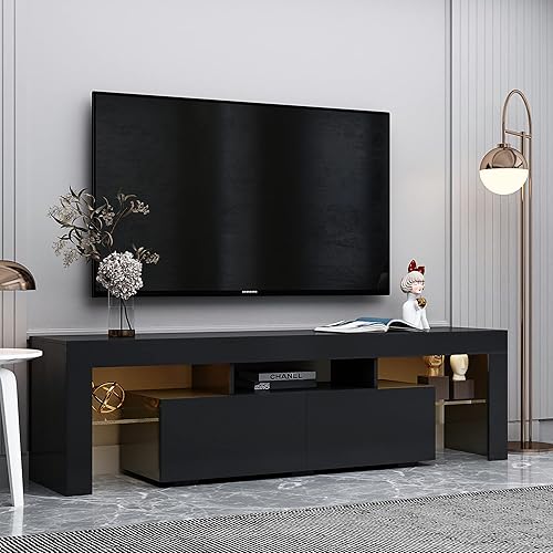 Boloni Soporte de TV LED negro, centro de entretenimiento moderno para TV de 65 pulgadas con 2 cajones de almacenamiento y 2 estantes abiertos,
