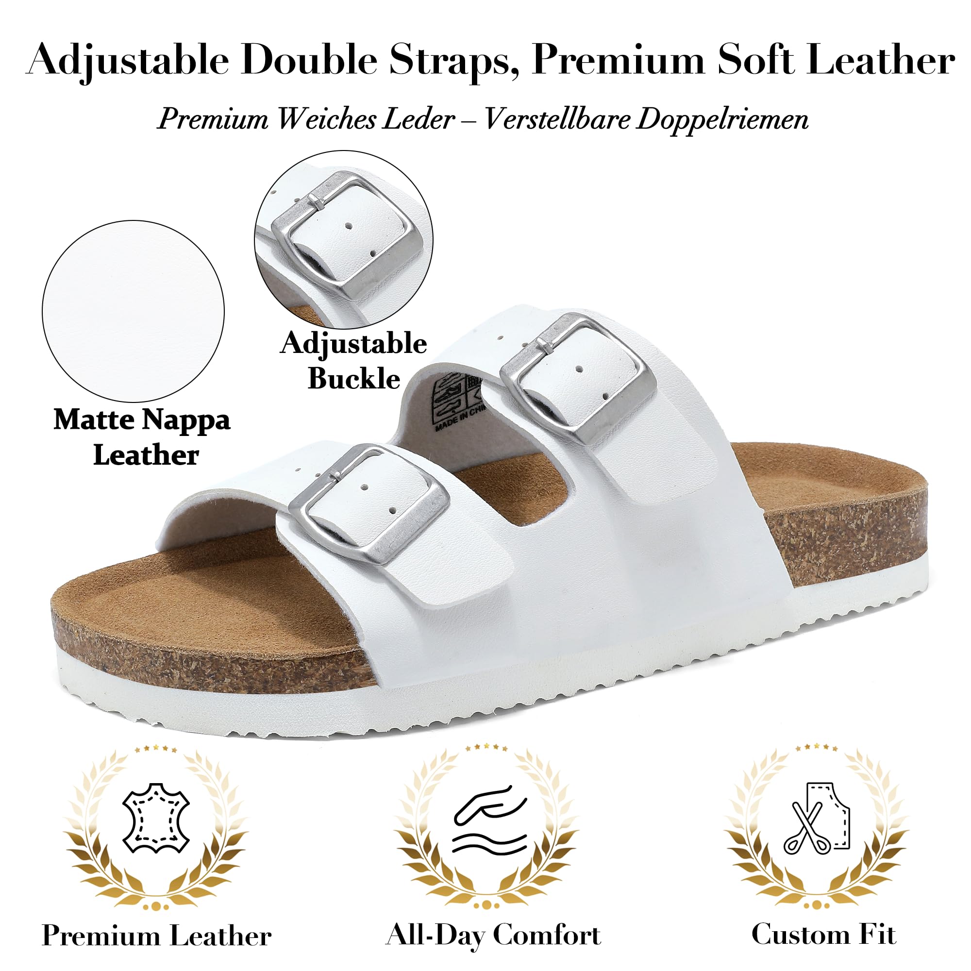 Sandalias y Mules Mujer con Dos Hebillas Ajustables Comodas Cuero Sandalias Planas de Corcho, Ligero Sandalias Ortopedicas con Arch Fit Antideslizante Zapatillas con Punta Abierta 36-42EU
