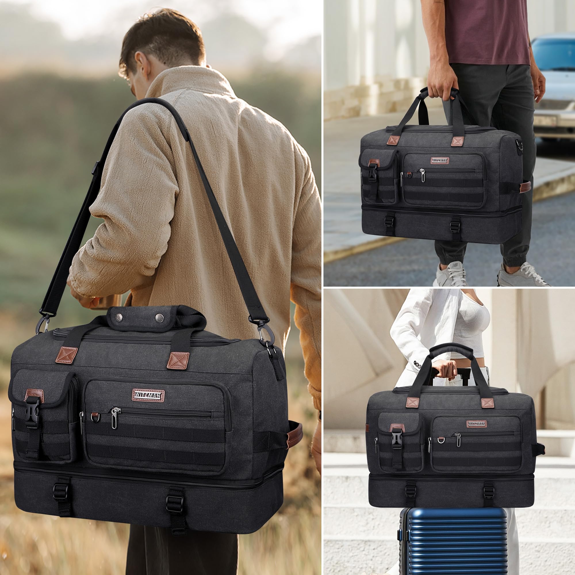 WITZMAN Reisetasche Herren 50L Canvas Wochenendtasche mit Kulturbeutel-Sets | Mit Schuhfach und Nass-Trennfach, Konvertierbar, Handgepäck Flugzeug, Eine für Reisen, Weekender, Sport, A8010/2 Schwarz