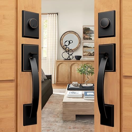 Natsukage Juego de manijas de puerta delantera, doble cerradura de puerta, juego de manijas de entrada con manija ajustable resistente con cerrojo y