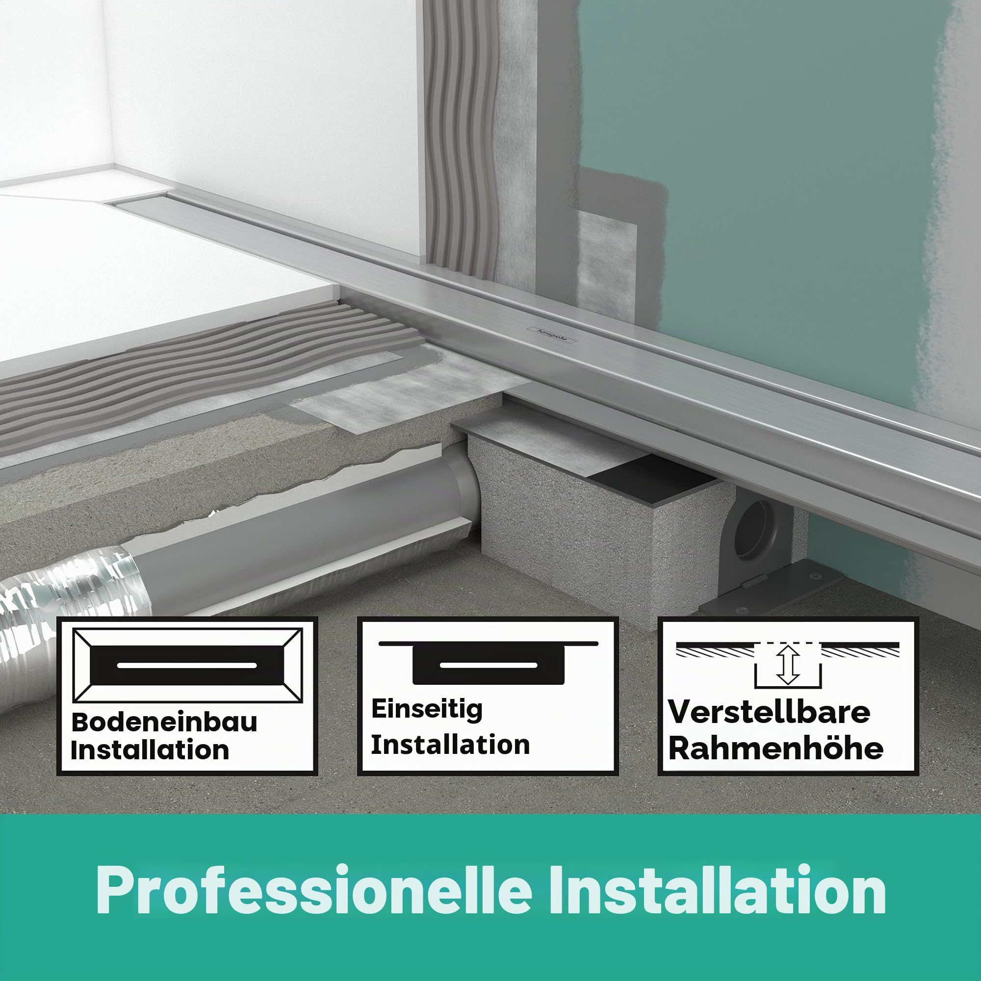 hansgrohe Fertigset Duschrinne RainDrain Match, Abflussrinne 600mm, Bodenablauf Dusche mit höhenverstellbarem Rahmen, Edelstahl gebürstet