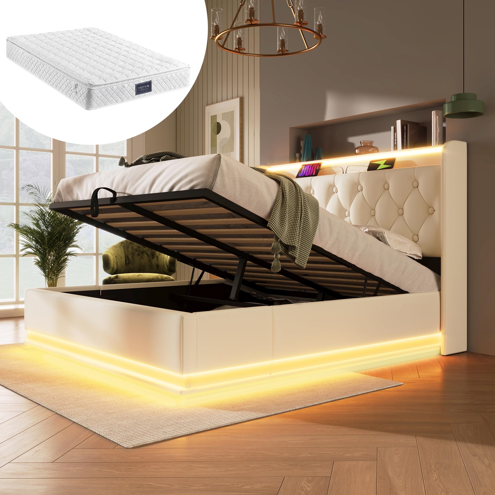 Anself Elektrisches LED-Bett 140x200cm mit USB-Typ C Ladefunktion, weiß PU-Material, für alle Schlafpositionen