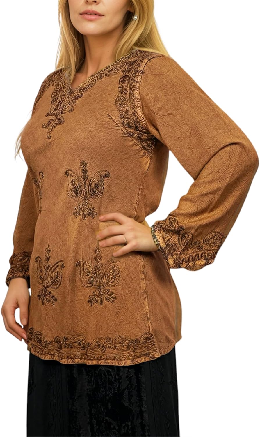 Agan Traders 2026 Long Sleeve Tops for Women - Diamond Neck Boho Embroidered Vintage Medieval Tunic Tops Shirts for Women - Image 2