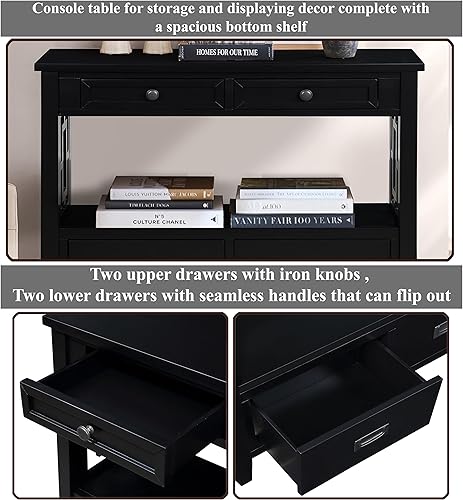 Miniatura 20 de Mesa consola rústica con 4 cajones y estantes, armario de cocina vintage de madera para almacenamiento, pasillo, vestíbulo con estantes de Marrón