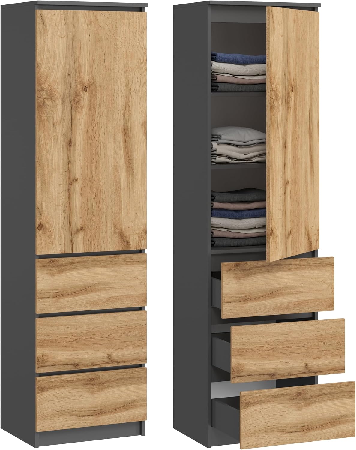 Armoire Multi-usages 3 Tiroirs 3 Compartiments Avec Portes - Meuble De Rangement Graphite/Chêne Wotan 180,5x50x40 Cm