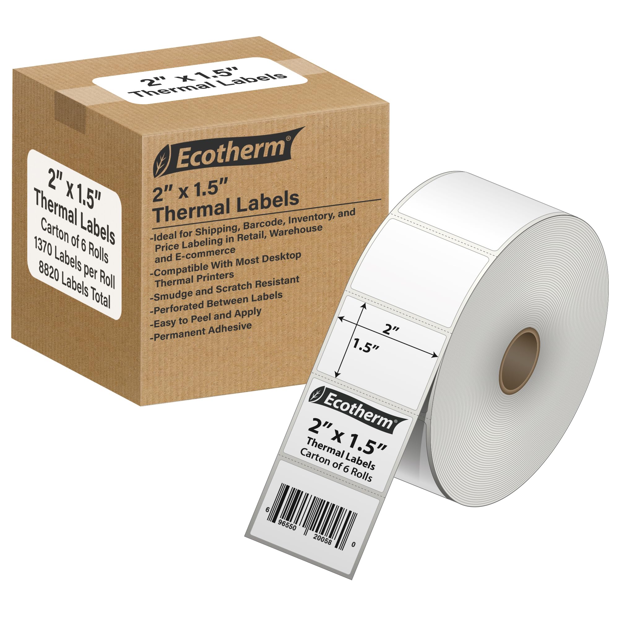 2 etiquetas adhesivas de papel térmico directo de 1,5, 8220 etiquetas, 1370 etiquetas por rollo, 6 rollos, para impresoras térmicas directas Datamax, Intermec, Sato, TSC, Zebra