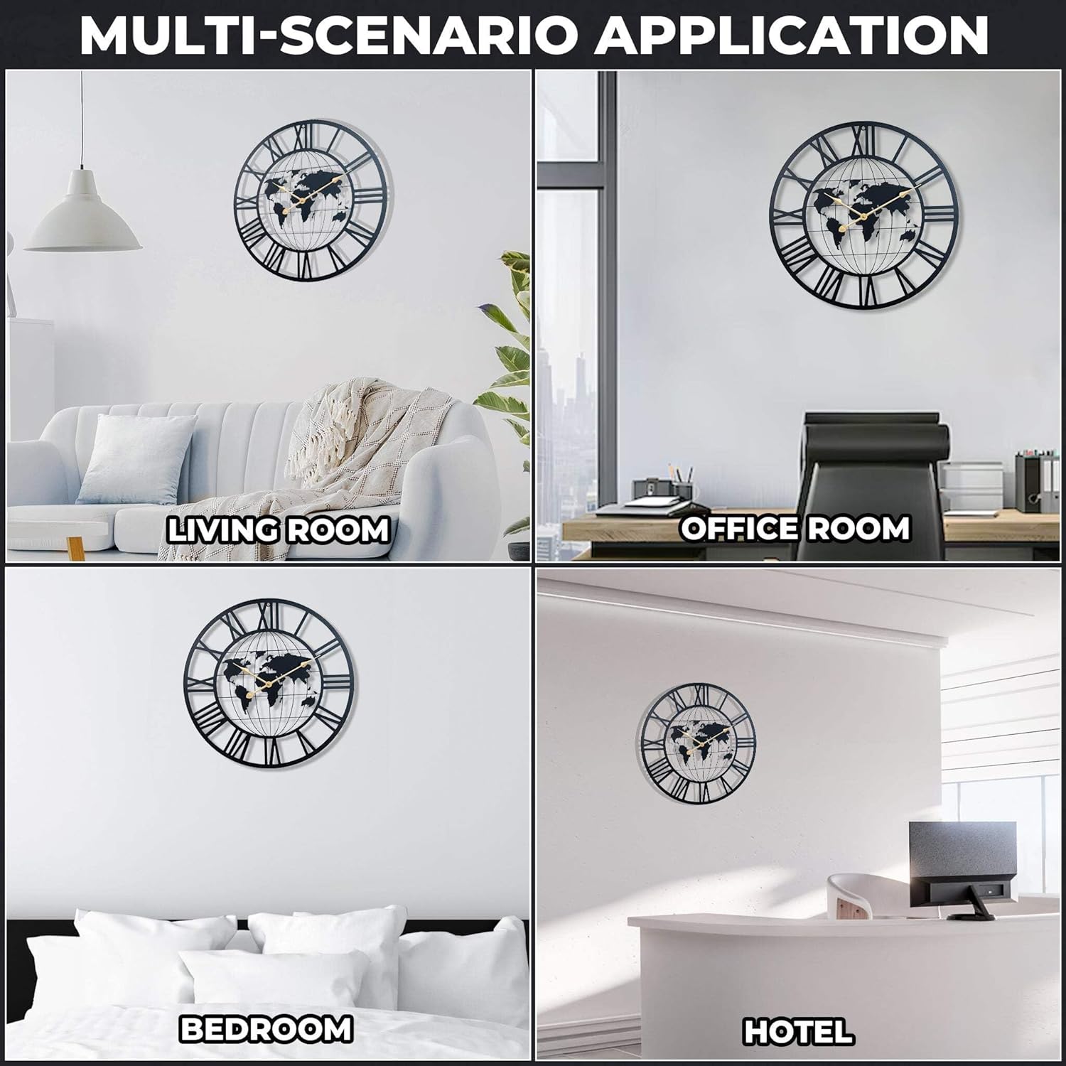 Round Metal Wall Clock, Black Embedded World Map, 24" Silent Roman Numeral Decorative Clock, Home Office Decor