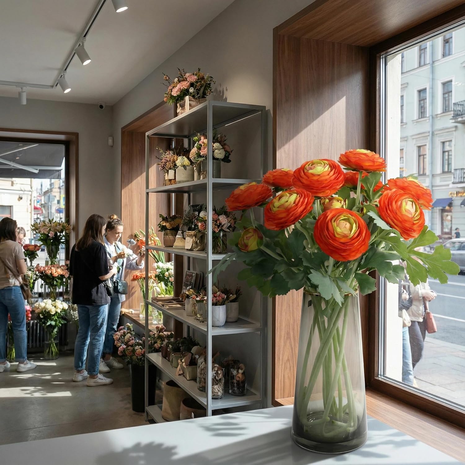 Artificial Ranunculus Flowers with Real Touch Stem, Silk Ranunculus Flowers (Orange, 6pcs)