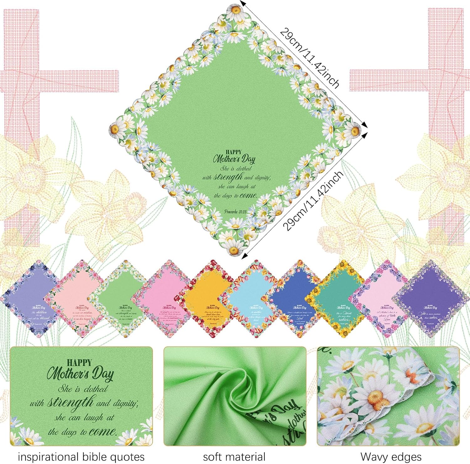 Mindsoft 60 Pcs Christian Mother's Day Gifts Church Bible Verse Floral Handkerchiefs Bulk Religious Inspirational Quote for Mom Women