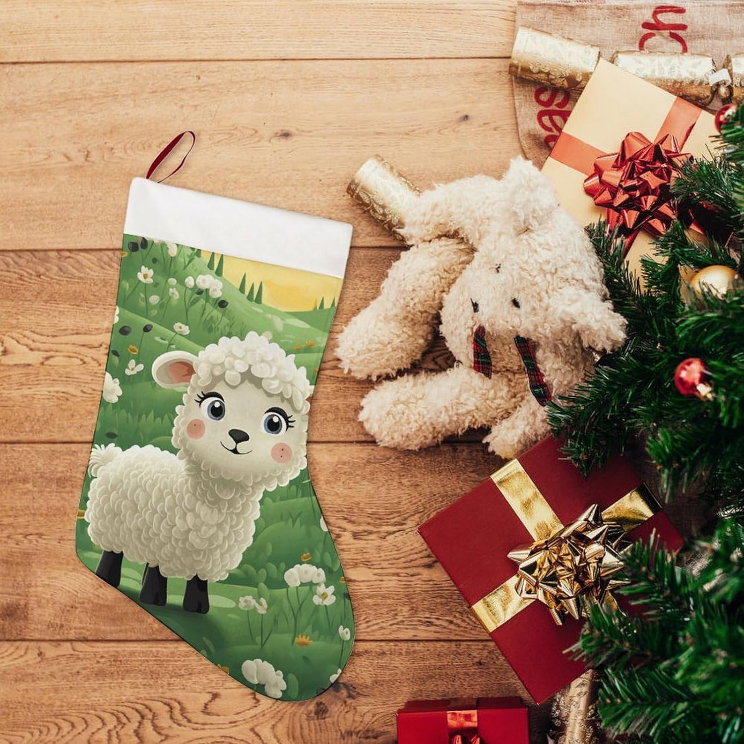 Christmas Stockings - Cute Cartoon Sheep Large Xmas Socks, Soft Plush Fireplace Stocking with Hanging Loop, Santa Holiday Decor for Family Party Christmas Tree Decorations image 5