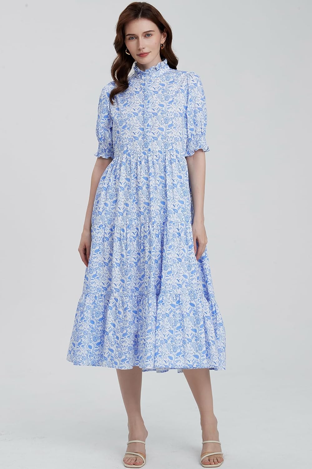 D-Sun Women Floral V-Neck Maxi Dress Button Down Printed Short Puff Sleeve Tiered Collared Flowy Elegant Long Dress Pocket