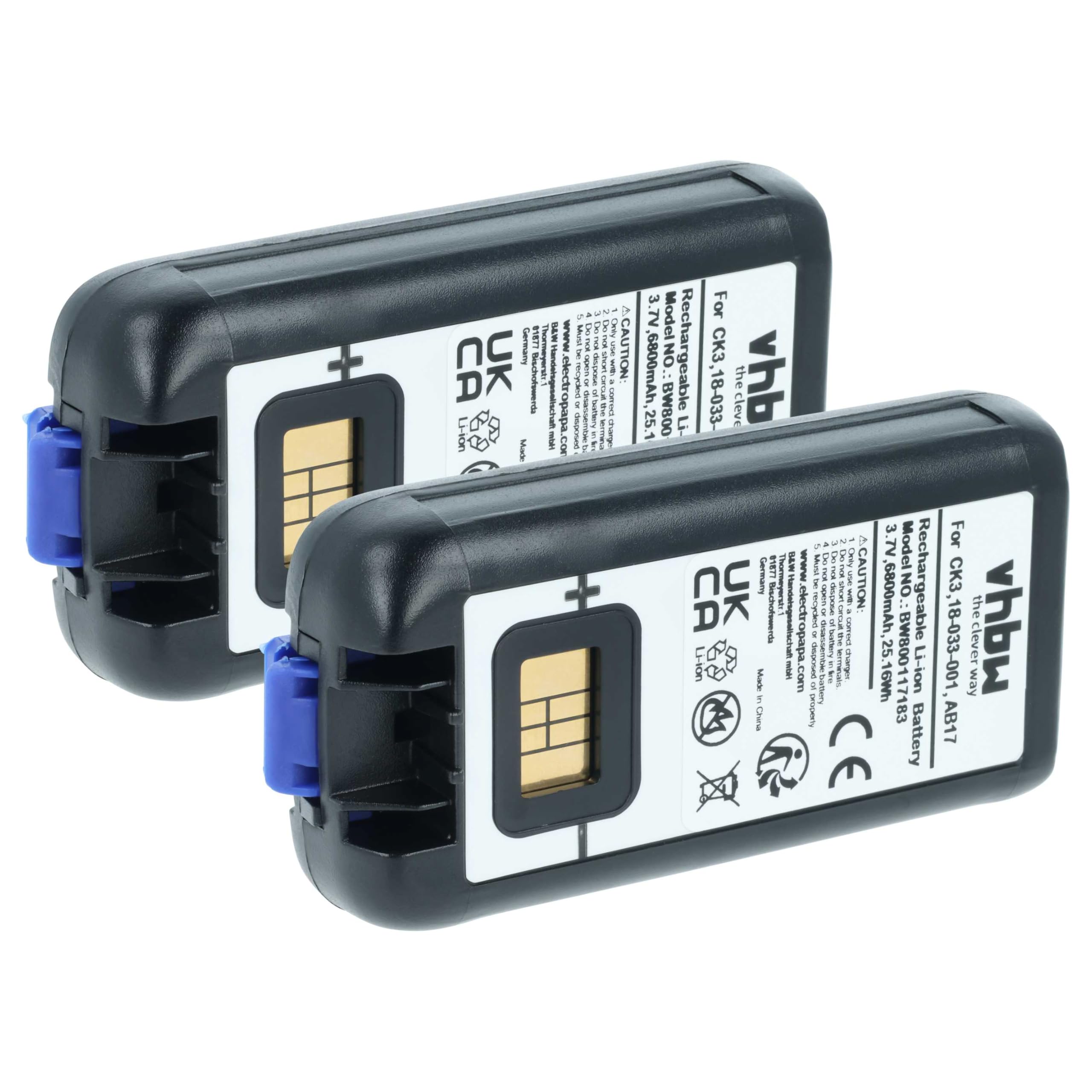 vhbw 2X Akku kompatibel mit Intermec EDA61K | CK3XA, CK3X, CK3RA Barcodescanner POS (6800 mAh, 3,7 V, Li-Ion)
