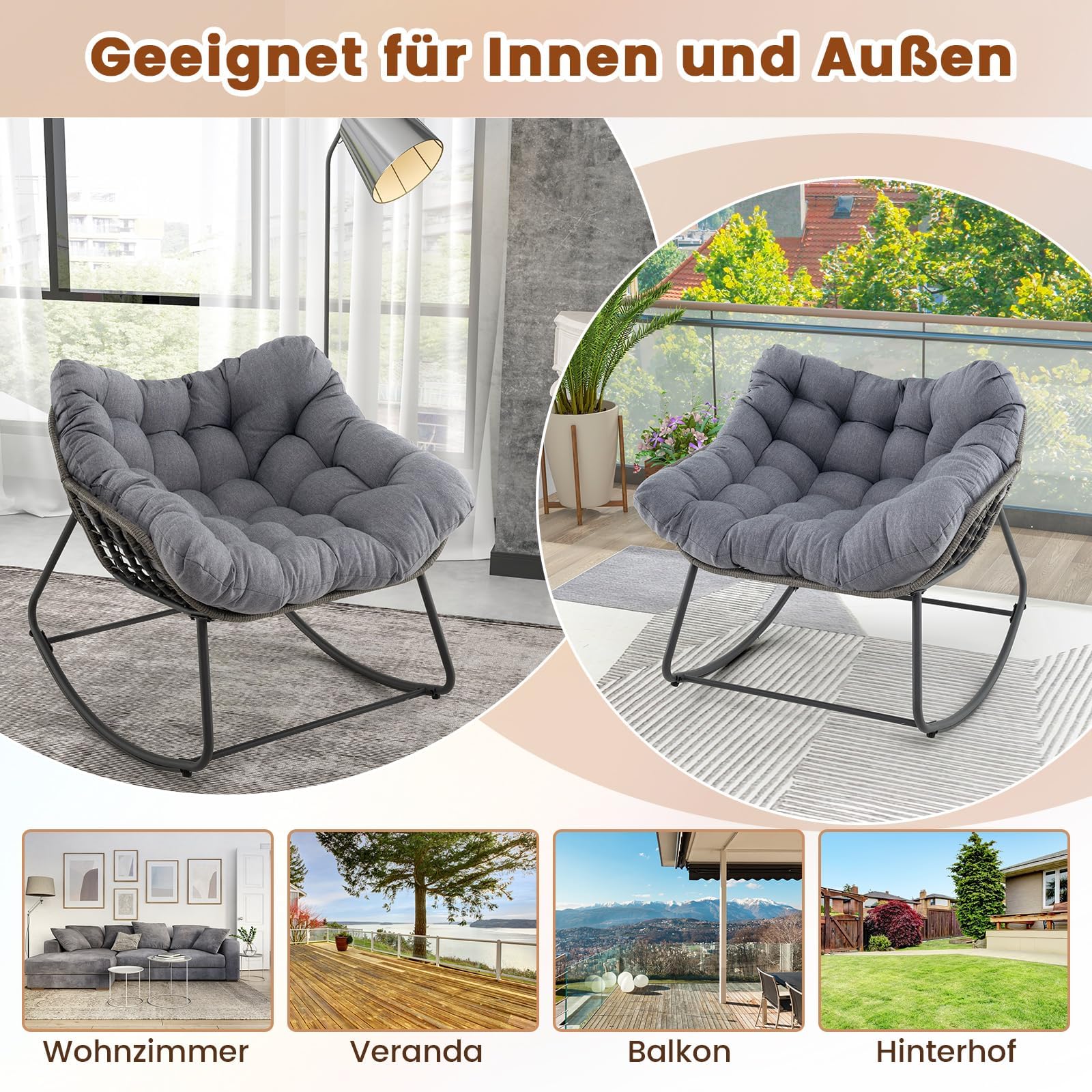 FANTASK übergroße Eiersessel, Terrassen-Schaukelstuhl mit dickem & abnehmbarem Kissen, Schaukelstuhl für drinnen & draußen, Grau