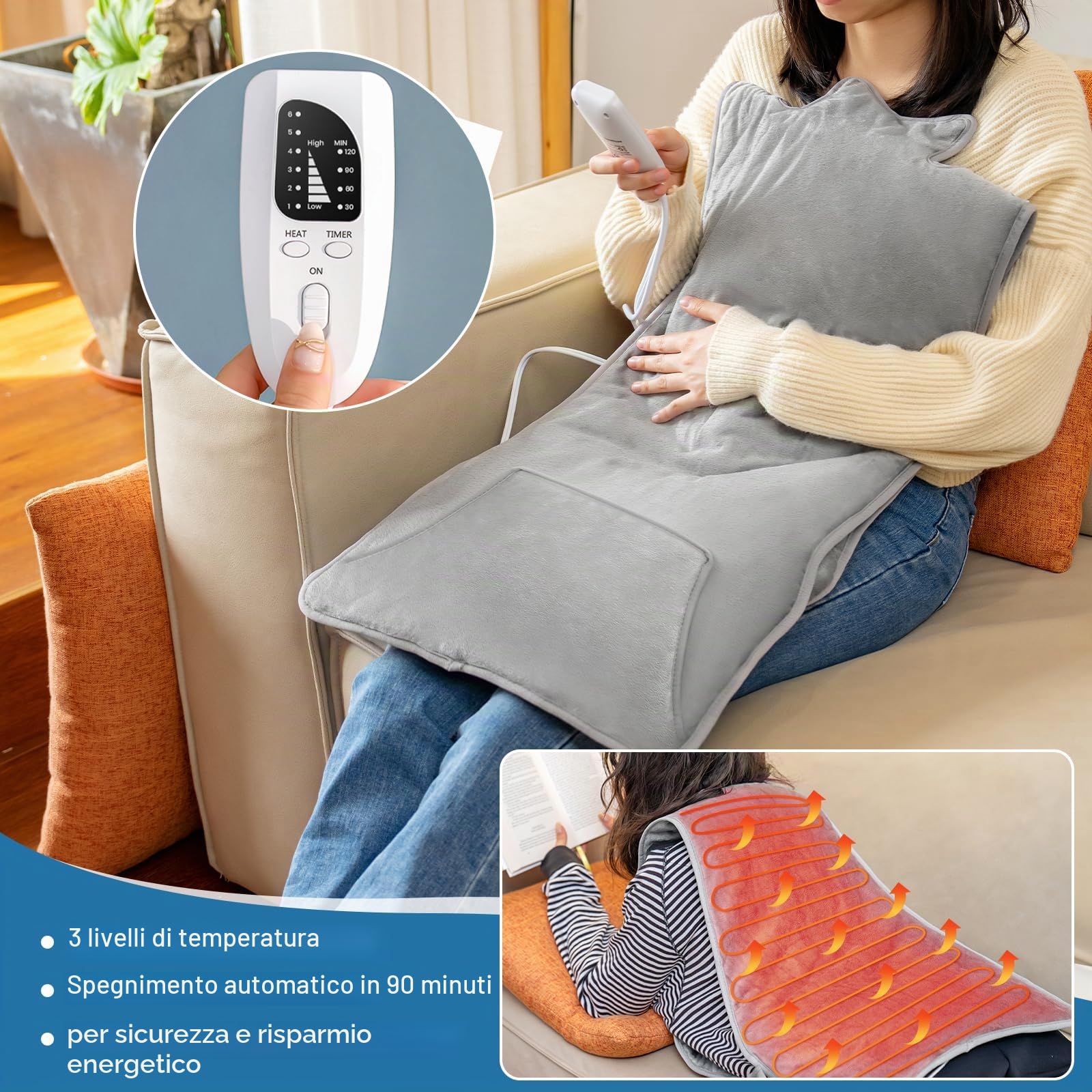 Termoforo Elettrico Cervicale e Spalle, Schiena, Cuscino Termoforo Elettrico 138 x 42 cm, 6 livelli di temperatura con 4 timer, cuscino riscaldante per schiena, Lavabile