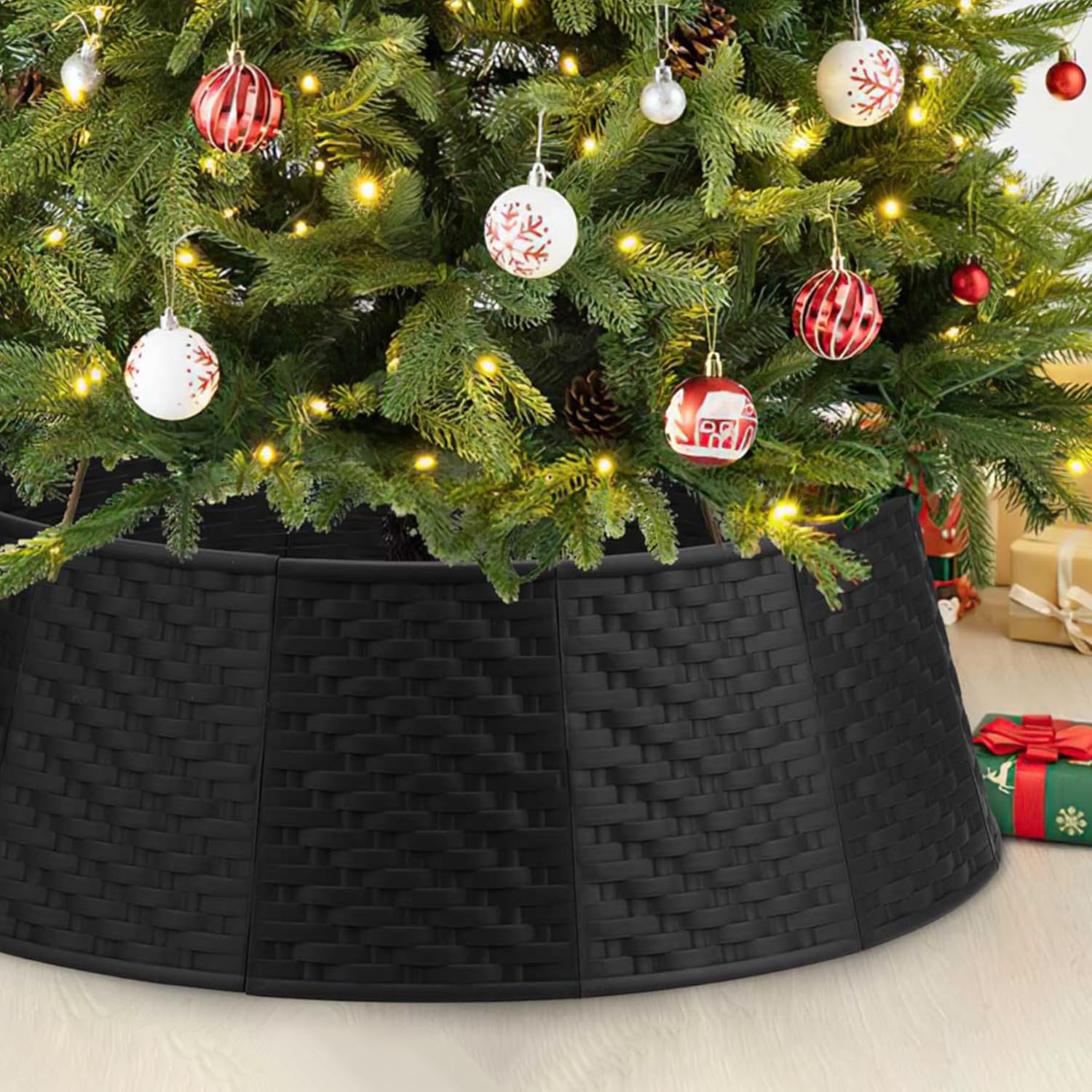 Black Tree Collar Christmas Tree Collar - 28 inch Tree Base Cover Plastic Tree Ring Xmas Ornament for Christmas New Year Party Gifts Festival Holiday Decoration Basic w/o magnet-Large Black