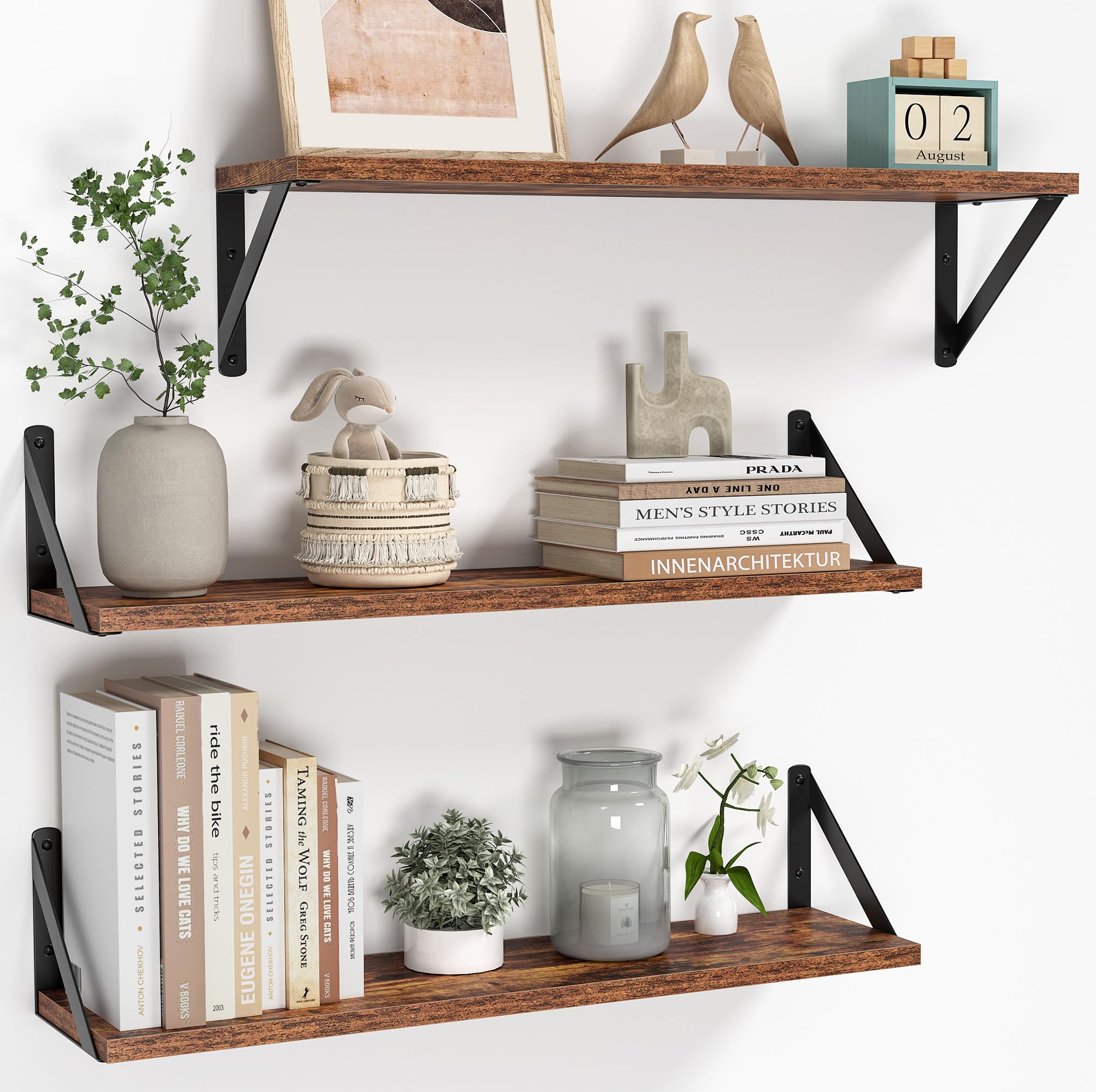 Heimlove Floating Shelves Set of 3, 60cm Vintage Brown Wall Mounted Shelves with Metal Brackets, Book Shelf 15cm Deep for Living Room, Bedroom, Kitchen, Bathroom, Home Office & Book Storage