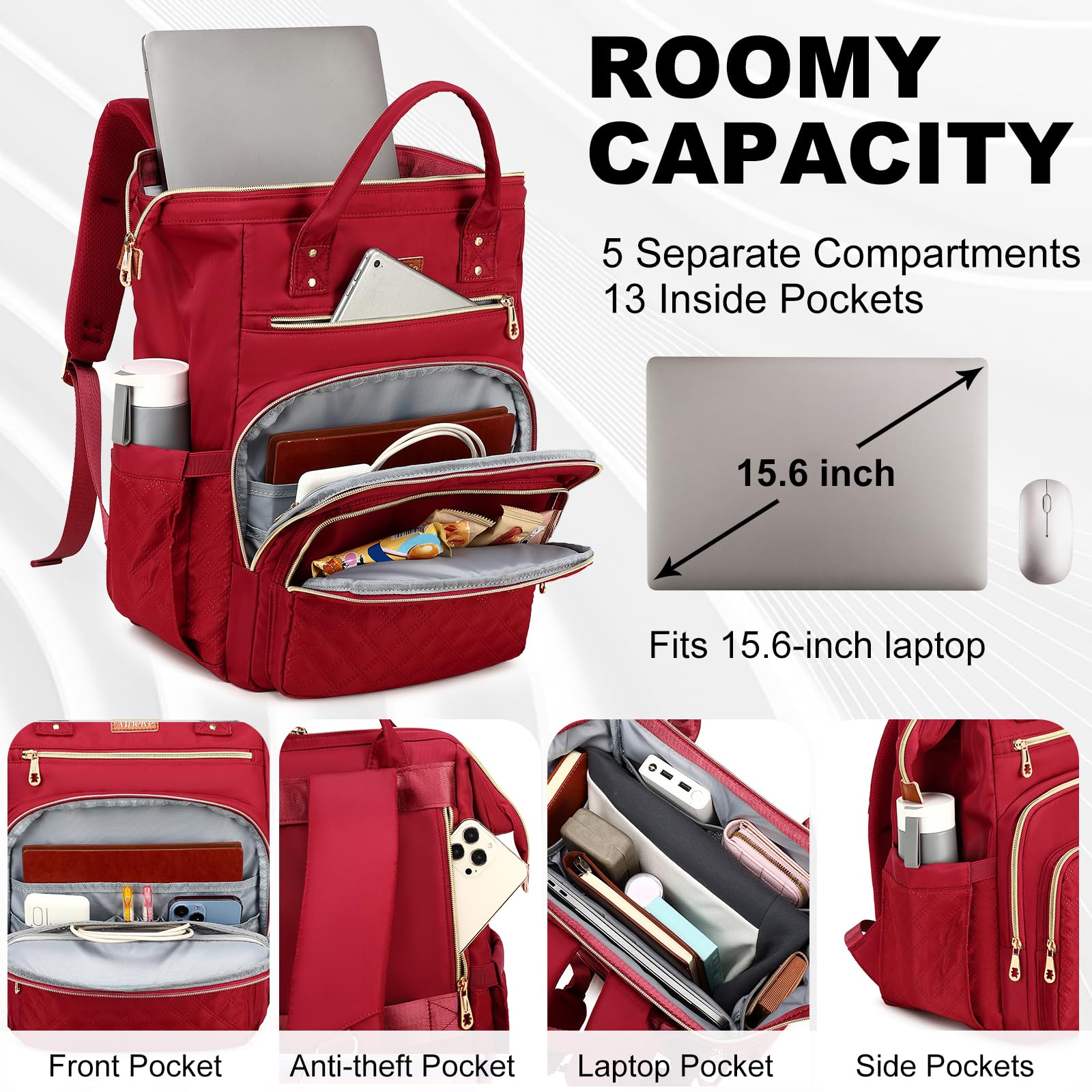Mochila de almuerzo con bolsa de almuerzo aislada, mochila grande para laptop de 15.6 pulgadas, mochila de trabajo, bolsa de libros, Rojo -, Mediana, Moderno 2