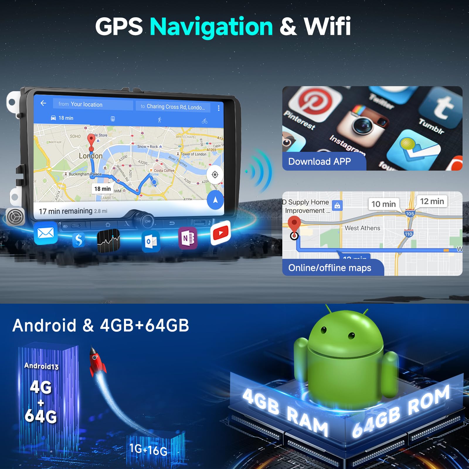 Hodozzy 4G+64G Android Autoradio für VW Seat Altea Toledo Leon Skoda Fabia Passat mit Wireless Carplay Android Auto, 9 Zoll Touchscreen Radio 2 Din mit Navi Bluetooth WiFi, DSP, Radio FM/RDS, Kamera
