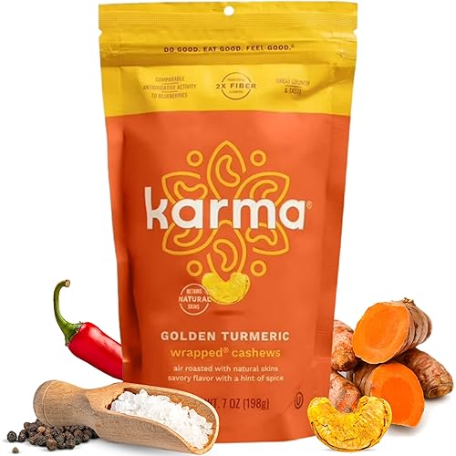 Karma Nuts - Anacardos enteros envueltos en cúrcuma dorada, tostados al aire con pieles naturales, 2 veces más fibra, 30 integrales, instalación sin Karma Nuts - Anacardos enteros envueltos en cúrcuma dorada, tostados al aire con pieles naturales, 2 veces más fibra, 30 integrales, instalación sin