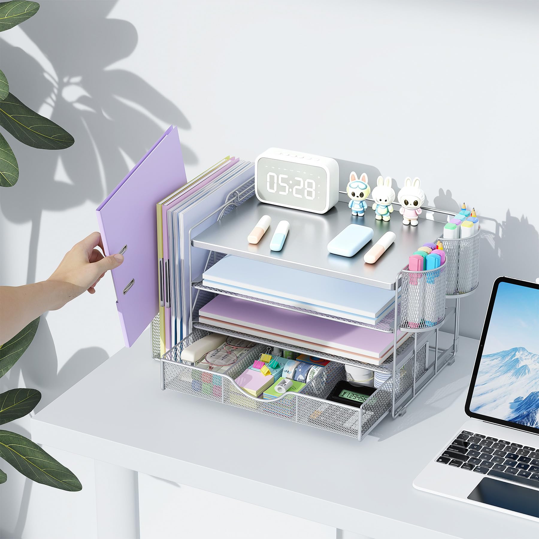 gianotter Desk Organizers and Accessories with File Holder, 4-Tier Desk Accessories & Workspace Organizers with Drawer and 2 Pen Holder, Desk Reference Organizer (Grey, 4T with Metal Drawer) view 4