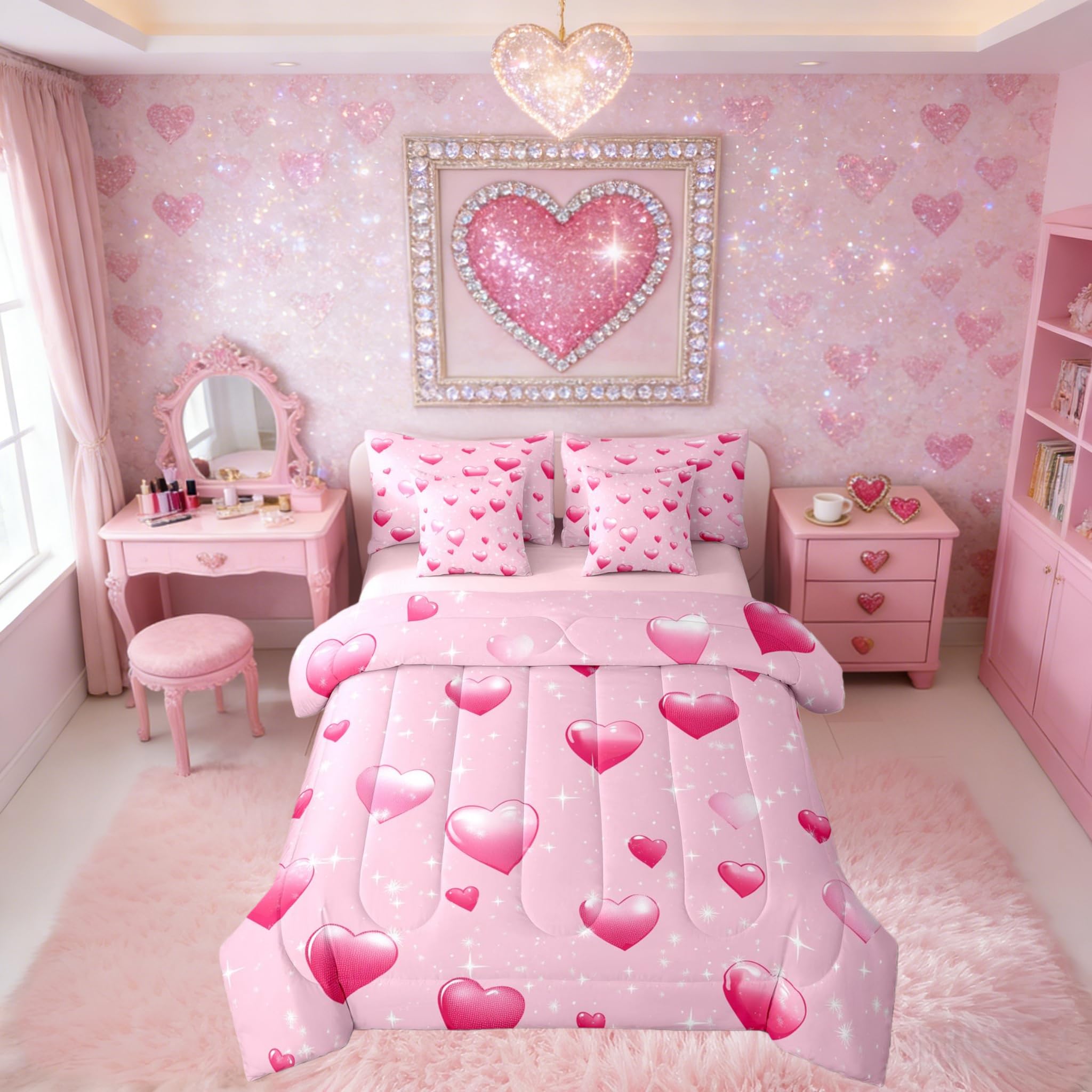 Erosebridal Valentine Day Gift Queen Bedding Set 7 Piece Cute Pink Heart Bed in A Bag with Sheets Cartoon Love Geometric Comforter Set for Kids Girls Teens Women,Glitter Love Heart Bed Sets