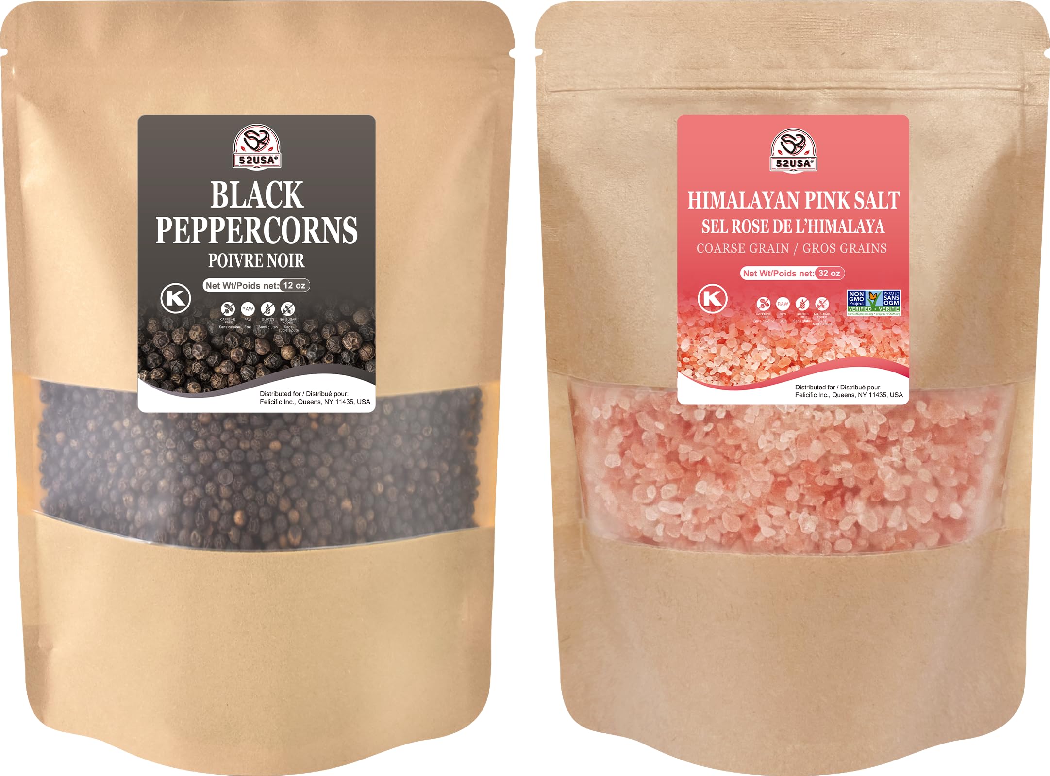 52USA Whole Black Peppercorns 12 oz + Himalayan Pink Salt (Coarse Grain) 2 lb - Salt and Pepper Grinder, Black Peppercorn Refil, Pink Himalayan Sea Salt, 2 Piece Set