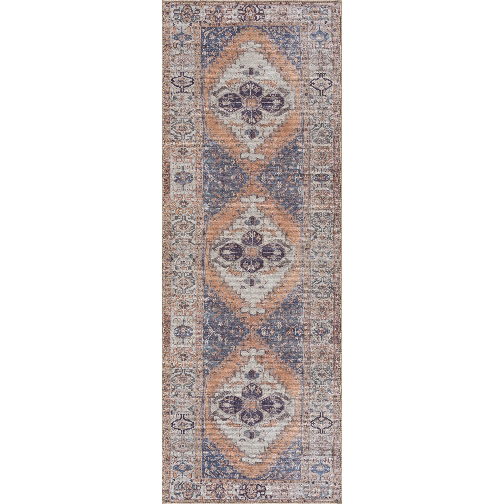 Bloom Rugs Washable 12 ft Runner - Orange / Blue / Beige Traditional Persian Runner for Entryway, Hallway, Bathroom, and Kitchen - Exact Size: 2'5" x