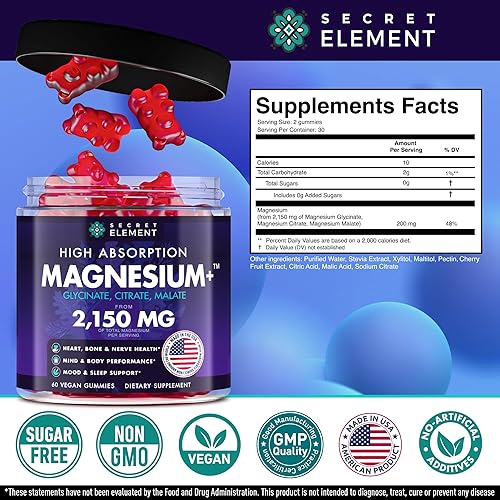 Miniatura 6 de Glicinato de magnesio 2150 mg gomitas con Ashwagandha, cúrcuma, zinc y raíz de remolacha  Sin azúcar, suplemento de magnesio vegano para adultos,