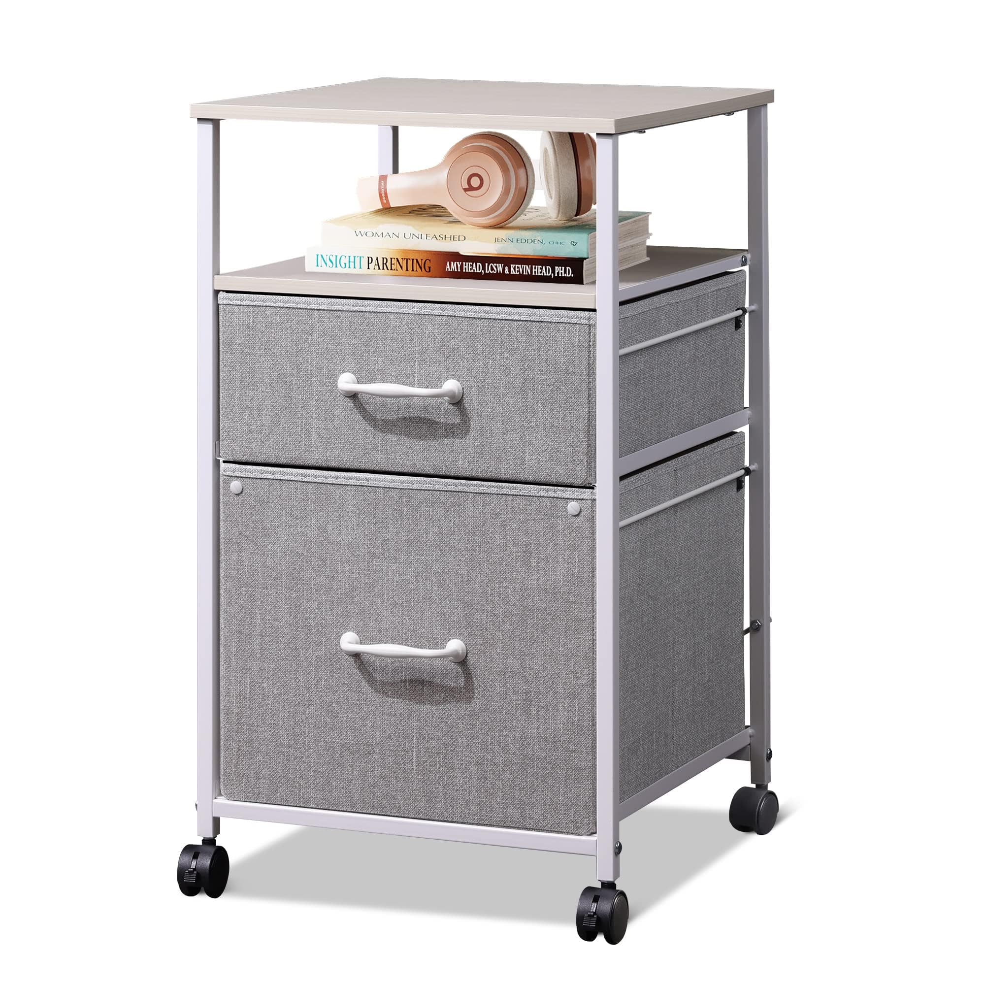 Photo 1 of ***USED***DEVISEE 2 Drawer Mobile File Cabinet, Rolling Printer Stand with Open Storage Shelf, Fabric Vertical Filing Cabinet fits A4 or Letter Size for Home Office, Light Grey