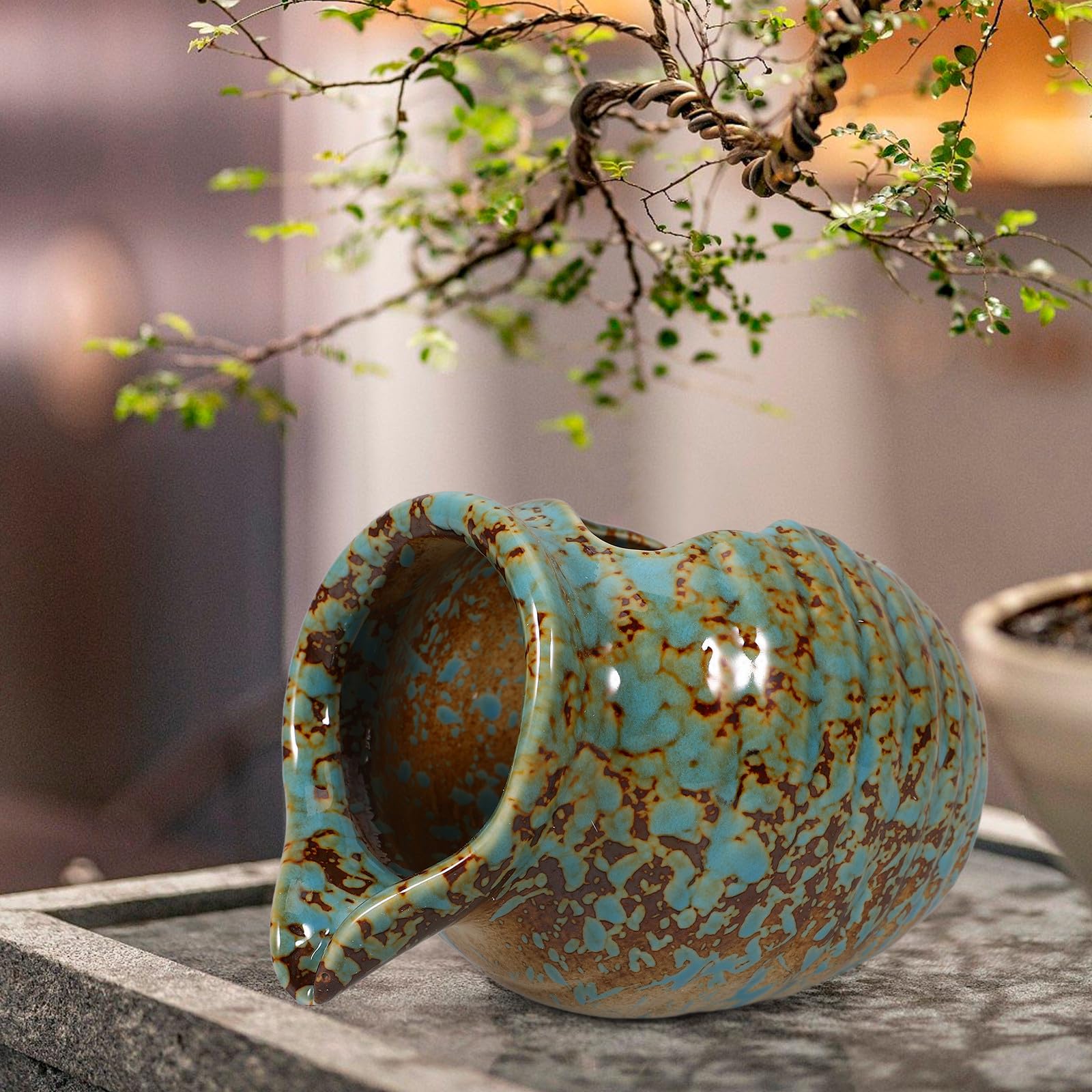 OUNONA Keramik Wasserbrunnen mit Zirkulierendem Wasser Dekoratives Gefäß für Innenbereich und Gartengestaltung Hydroponische Vase mit Wasserzirkulation