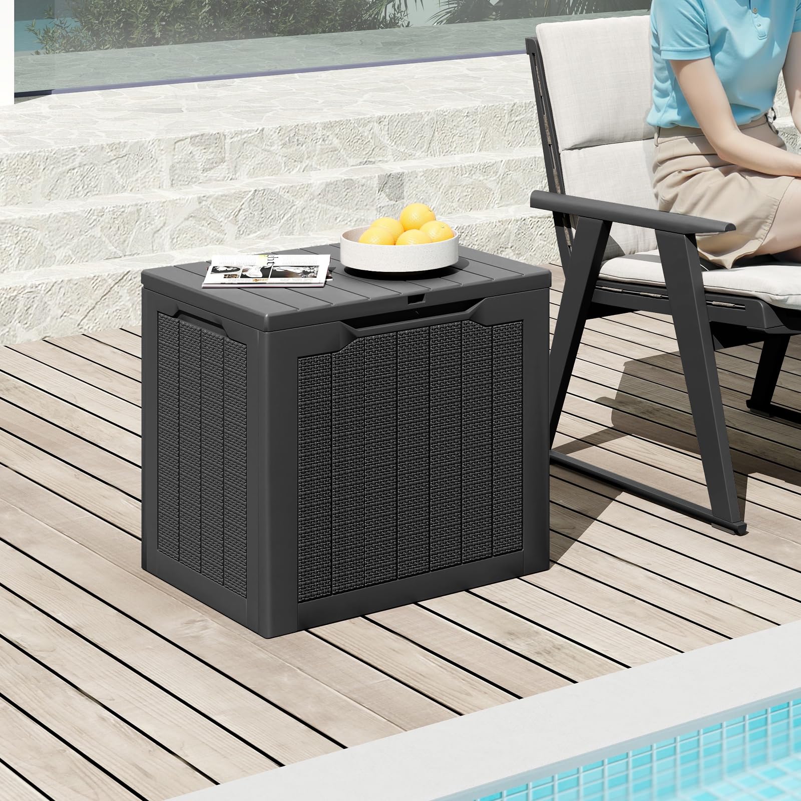 COSTWAY Gartenbox 106L, Auflagenbox mit abschließbarem Deckel & Rattanoptik, Wetterfeste Aufbewahrungsbox, Kissenbox für Poolzubehör, Gartengeräte, Pakete, Gartenmöbel, 56 x 41 x 50,5 cm (Schwarz)