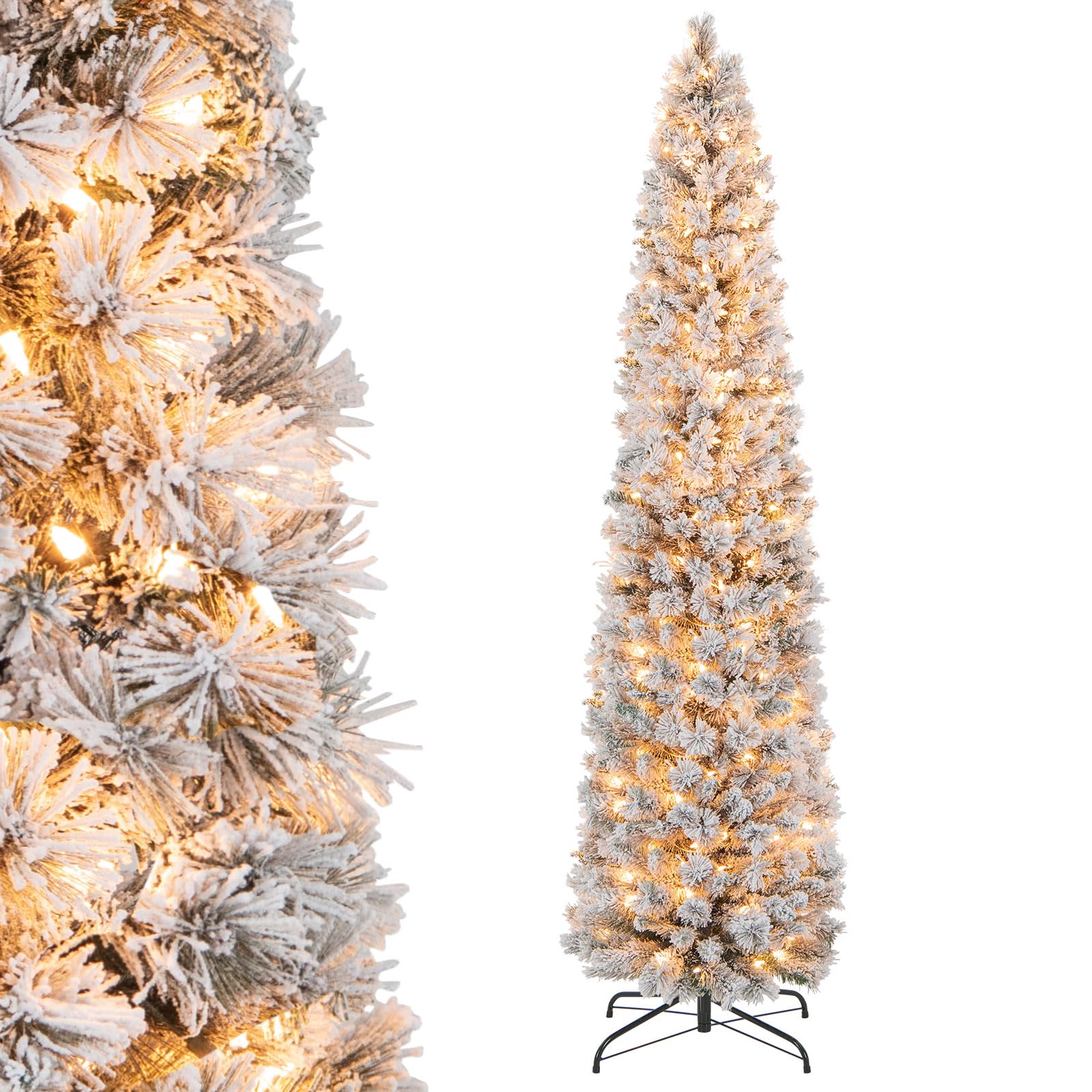 Goplus 7ft Pre-Lit Snow Flocked Pencil Christmas Tree, Artificial Slim Xmas Tree with 210 Warm-White Incandescent Lights, 466 Branch Tips, Pine Needles, Metal Stand, for Home Office Holiday Decor