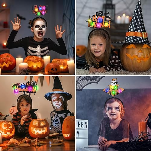 Miniatura 7 de clothmile 4 diademas de Halloween iluminadas con luz LED de calabaza brillante y gato negro, telaraña, diadema LED de Halloween, fiesta, cumpleaños,