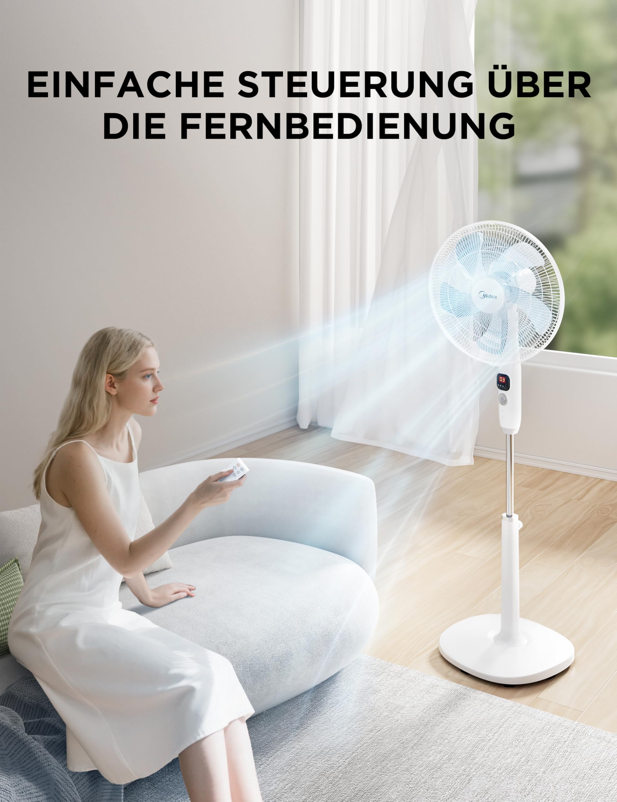 Midea FS40-16CR DC wentylator stojący, cichy, z pilotem zdalnego sterowania, 12 prędkości, timer 12 h, 4 tryby, wskaźnik LED, energooszczędny, 27 dB, regulacja wysokości, cyrkulacja powietrza, biały