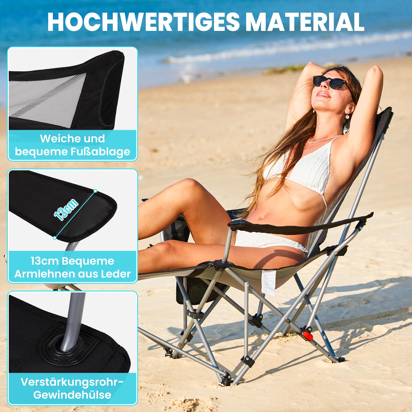 #WEJOY 2-in-1 Campingstuhl Faltbar 180kg mit Fußstütze,Strandstuhl mit 4-Fach Verstellbarer Rückenlehne, Liegestuhl Relaxsessel Liege mit Getränkehalter,Campingstuhl für Camping Outdoor Schwarz/Grau