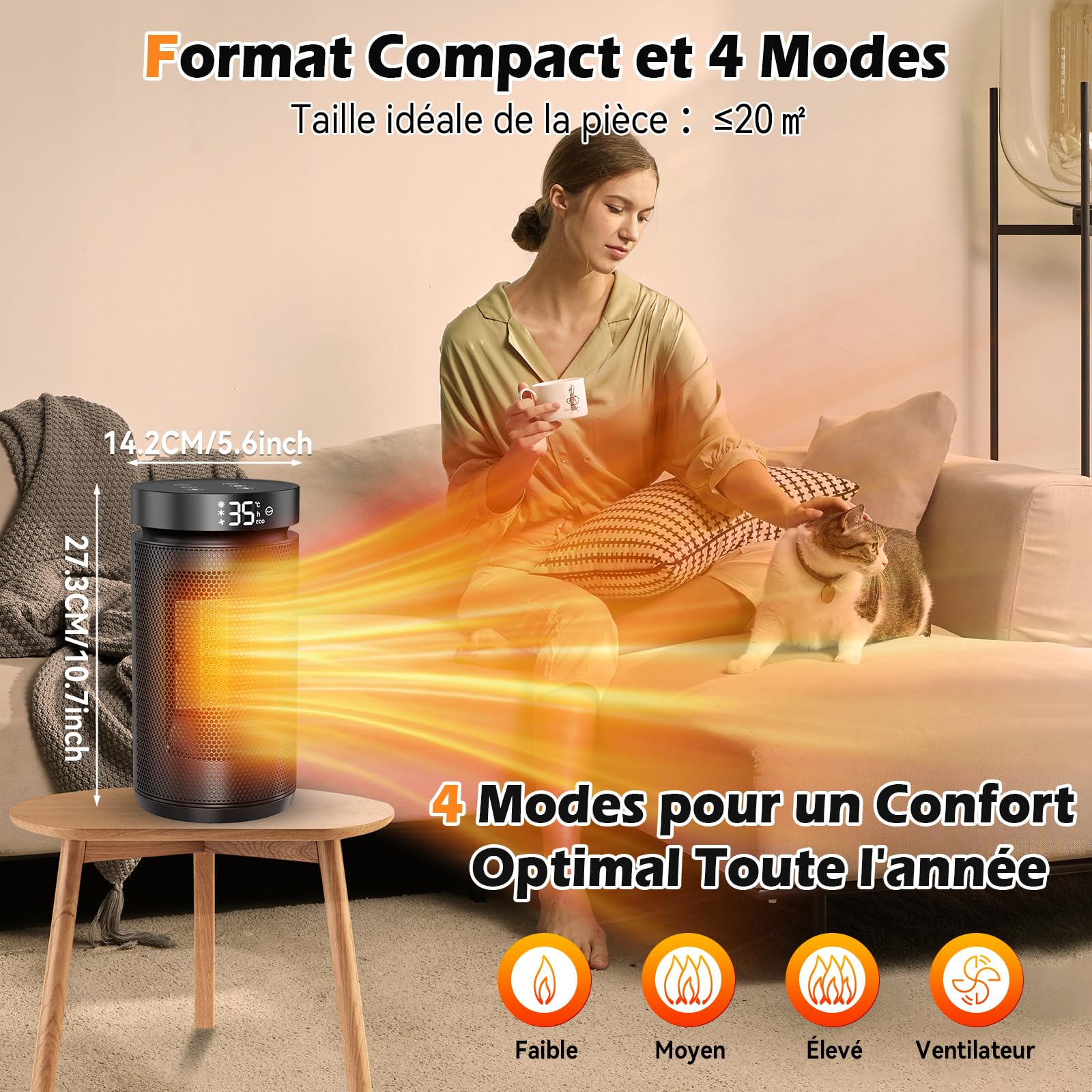 Chauffage d'appoint,1500W Radiateur Electrique Soufflant Economique avec Thermostat&Télécommande,4 Modes Radiateur Soufflant Salle de Bain,Minuterie 1-12H,70°Oscillation,Chauffage Soufflant Silencieux